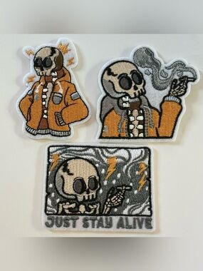3 IRON OR SEW ON EMBROIDERED PATCHES SKELETON IN HOODIE JUST  STAY ALIVE